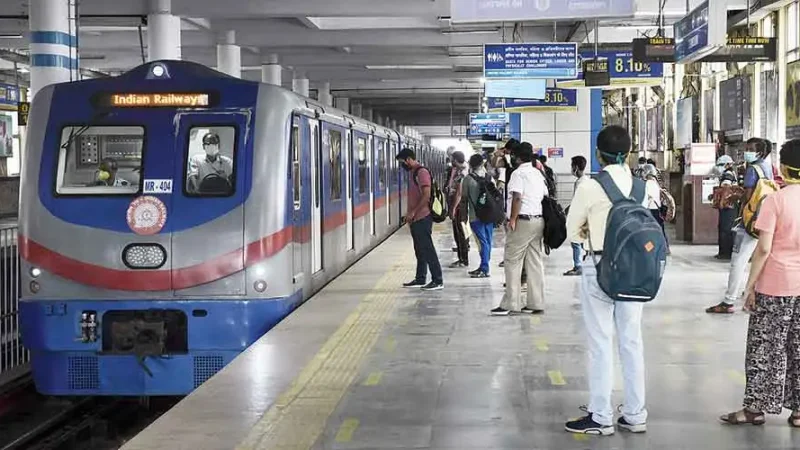 Inaugural underwater metro train gliding through Kolkata's submerged tunnel, marking a new era in urban transport.