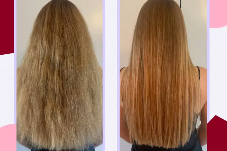 Efek Smoothing seorang wanita di salon kecantikan sedang menjalani proses smoothing rambut, dimana stylist sedang mengaplikasikan produk ke rambutnya yang sebelumnya keriting dan tampak berantakan