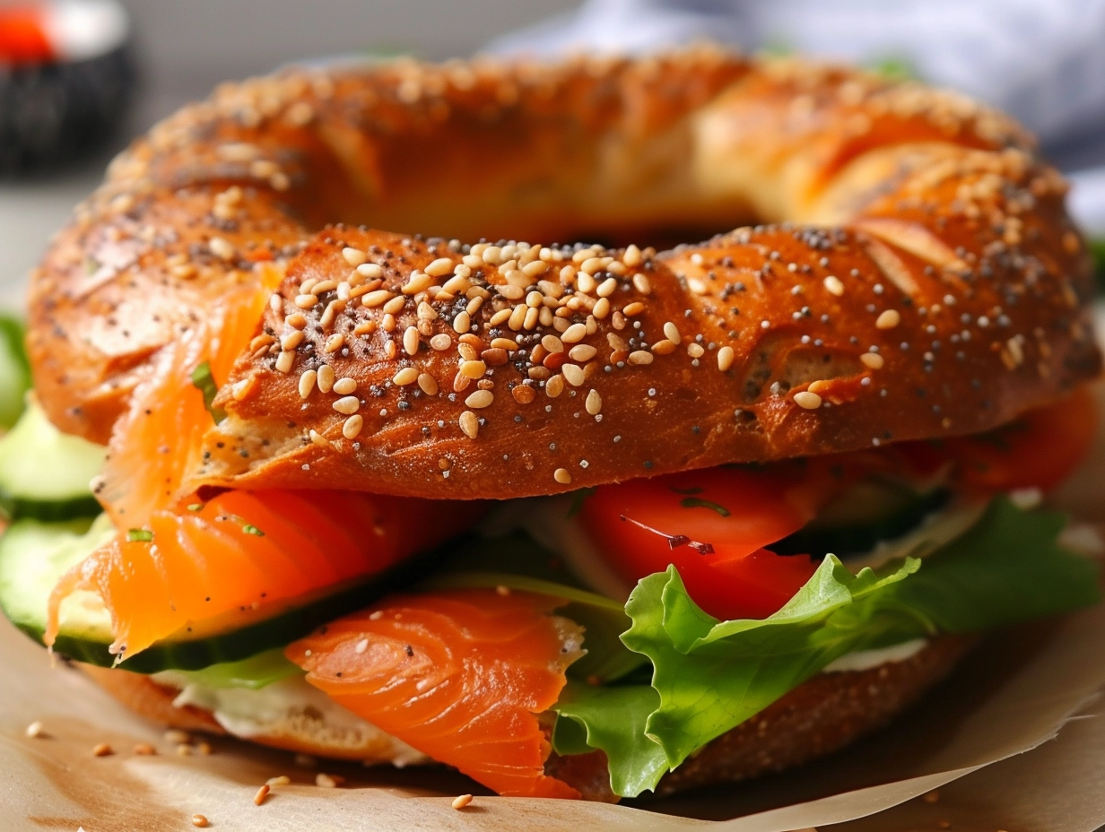 A Close-Up View Of A Bagel Sandwich On A Plate, Cut In Half To Reveal Layers Of Cream Cheese, Smoked Salmon, Red Onions, And Capers, With The Textured, Chewy Interior Of The Bagel Visible.