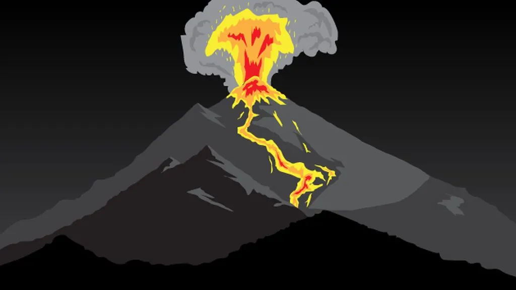 An Illustration Depicts The Catastrophic Aftermath Of A Volcanic Tsunami, With Waves Crashing Over Coastal Communities And Engulfing Buildings.