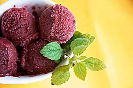 Semangkuk sorbet anggur segar berwarna ungu cerah, dihiasi dengan daun mint dan potongan anggur segar di sampingnya